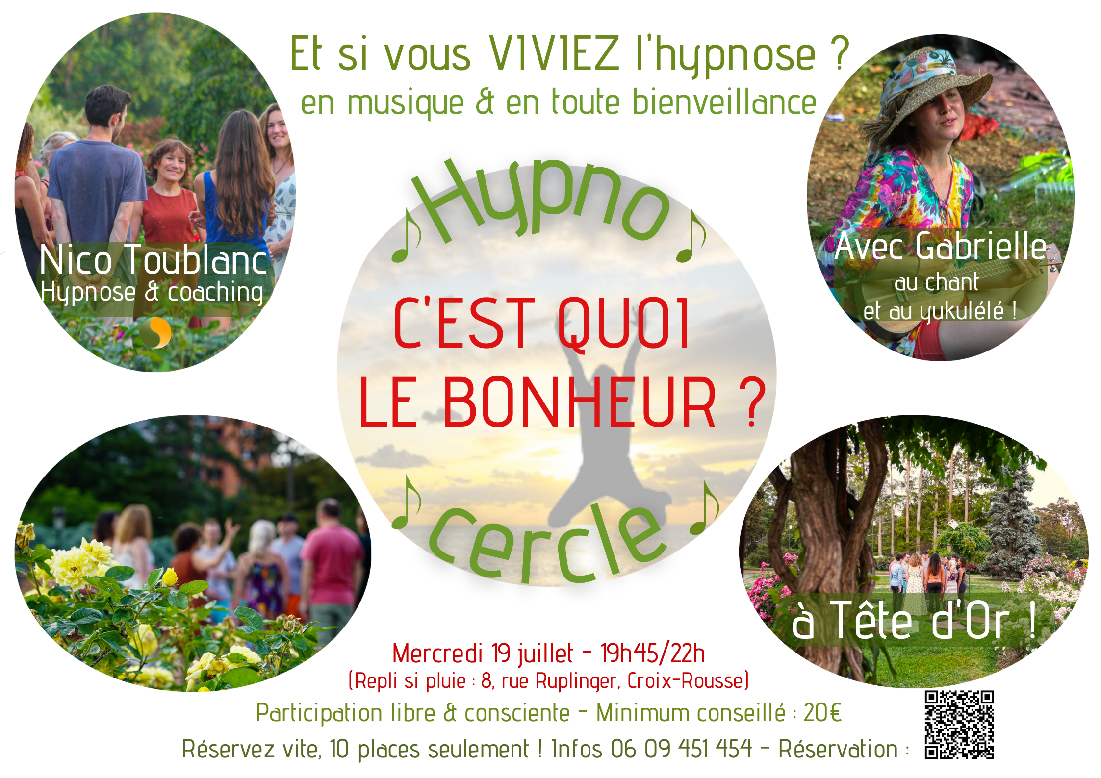 Affiche atelier Hypno Cercle Bonheur au parc de la Tête d'Or mercredi 19 juillet 23