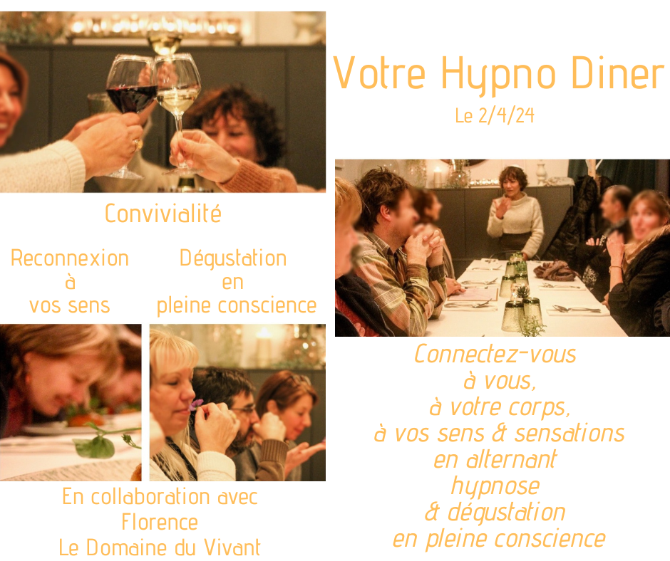 Convives de l'hypnodiner qui trinquent, sentent la nourriture et se régalent